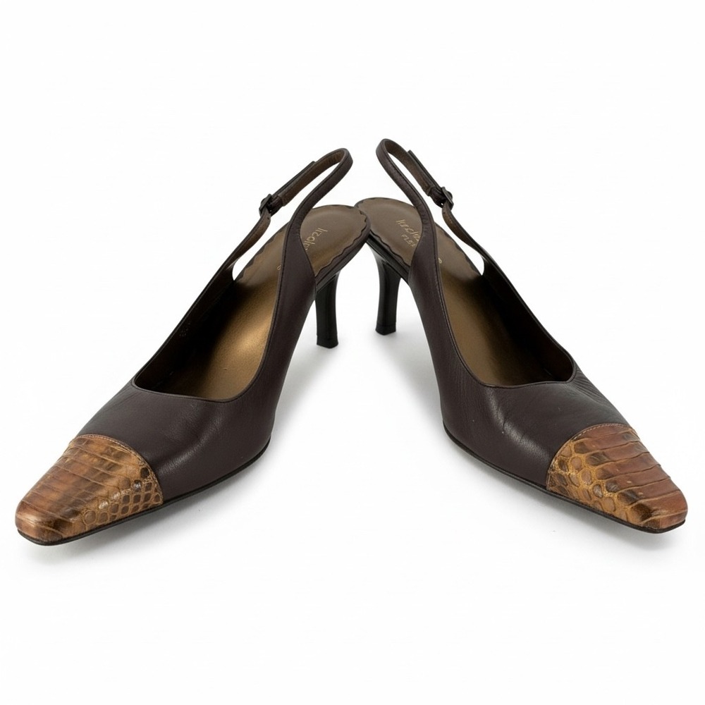 Liz Claiborne Slingback Heels 7.5 Brown Snakeskin Toe Pointed Flex Tipper Y2K